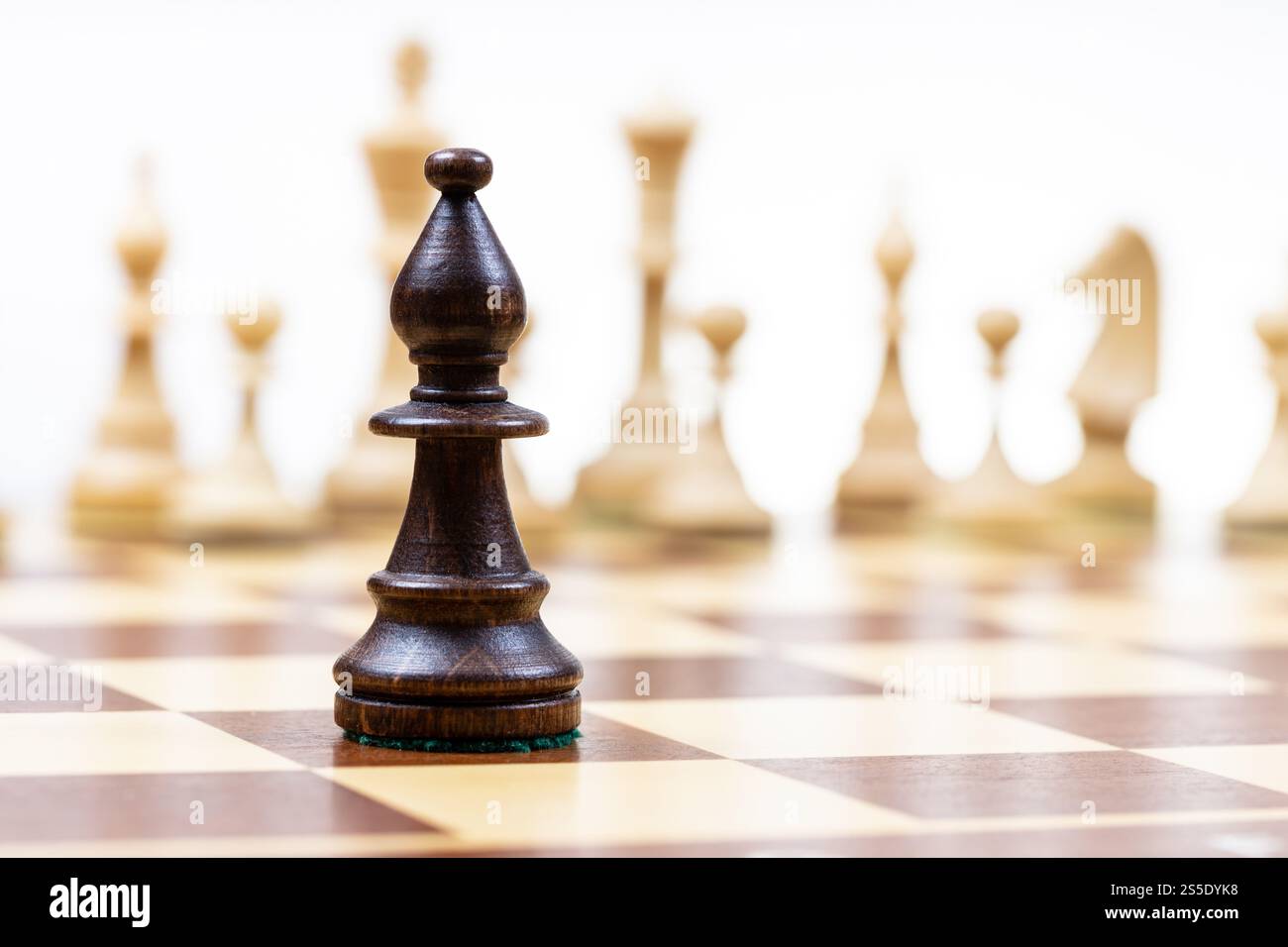 Schwarzer Bischof vor weißen Schachfiguren im Hintergrund auf Holzschachbrett Nahaufnahme (Fokus auf Königin) Stockfoto