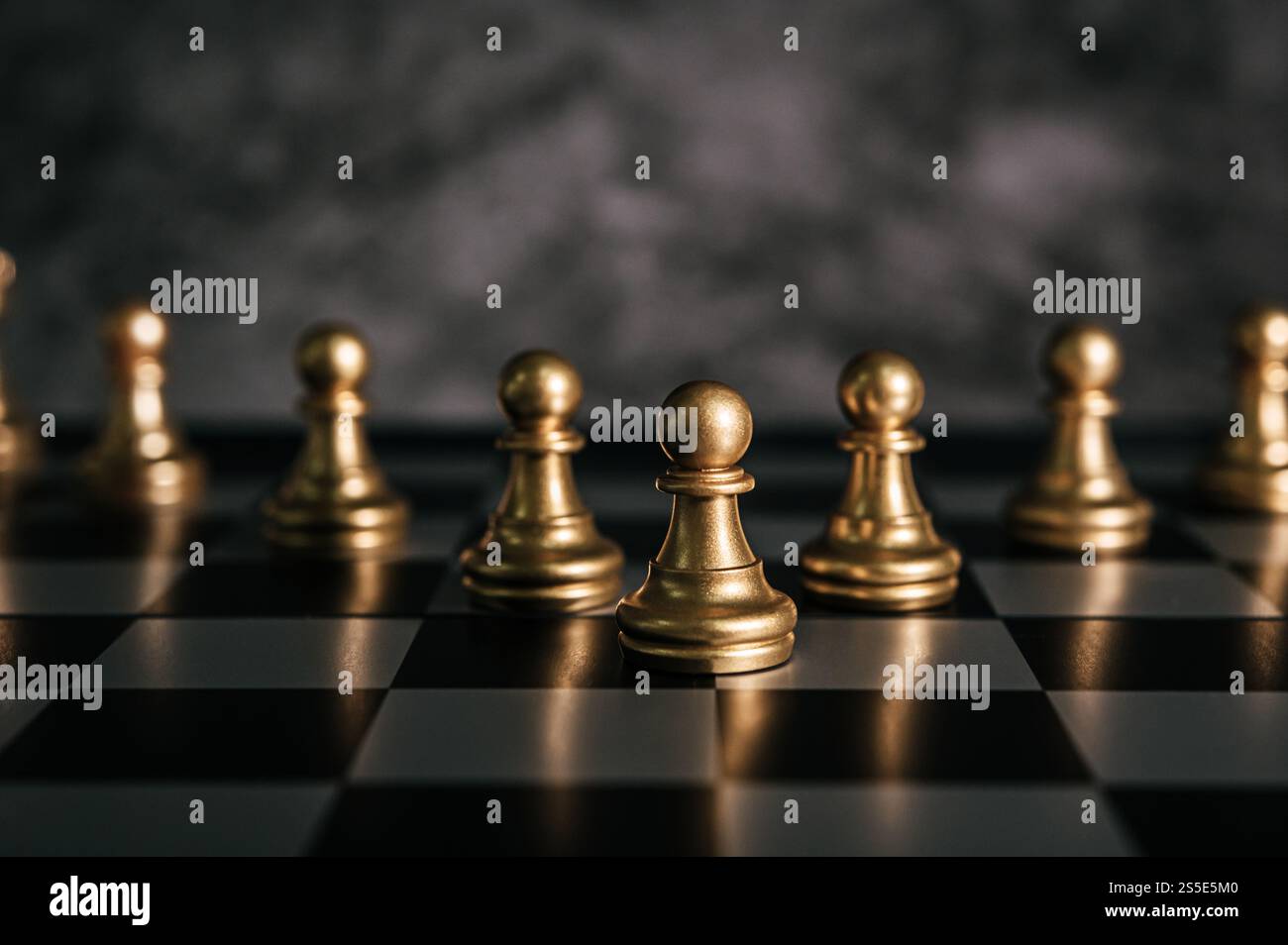 Goldschach auf dem Schachbrettspiel für Business Metaphor Leadership Concept Stockfoto