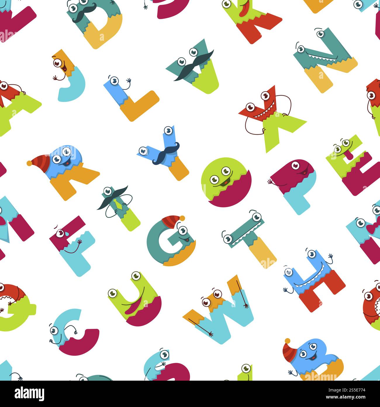 Lustiges Alphabet mit Zeichentrickfiguren für Kinder Design nahtlos. Vektorbuchstaben von Comic-Monster-Kreaturen Gesichter mit Augen, Mund-Lächeln und Schnurrbart in Großbuchstaben. Lustiges Alphabet mit Zeichentrickfiguren für Kinder Design nahtlos. Stock Vektor