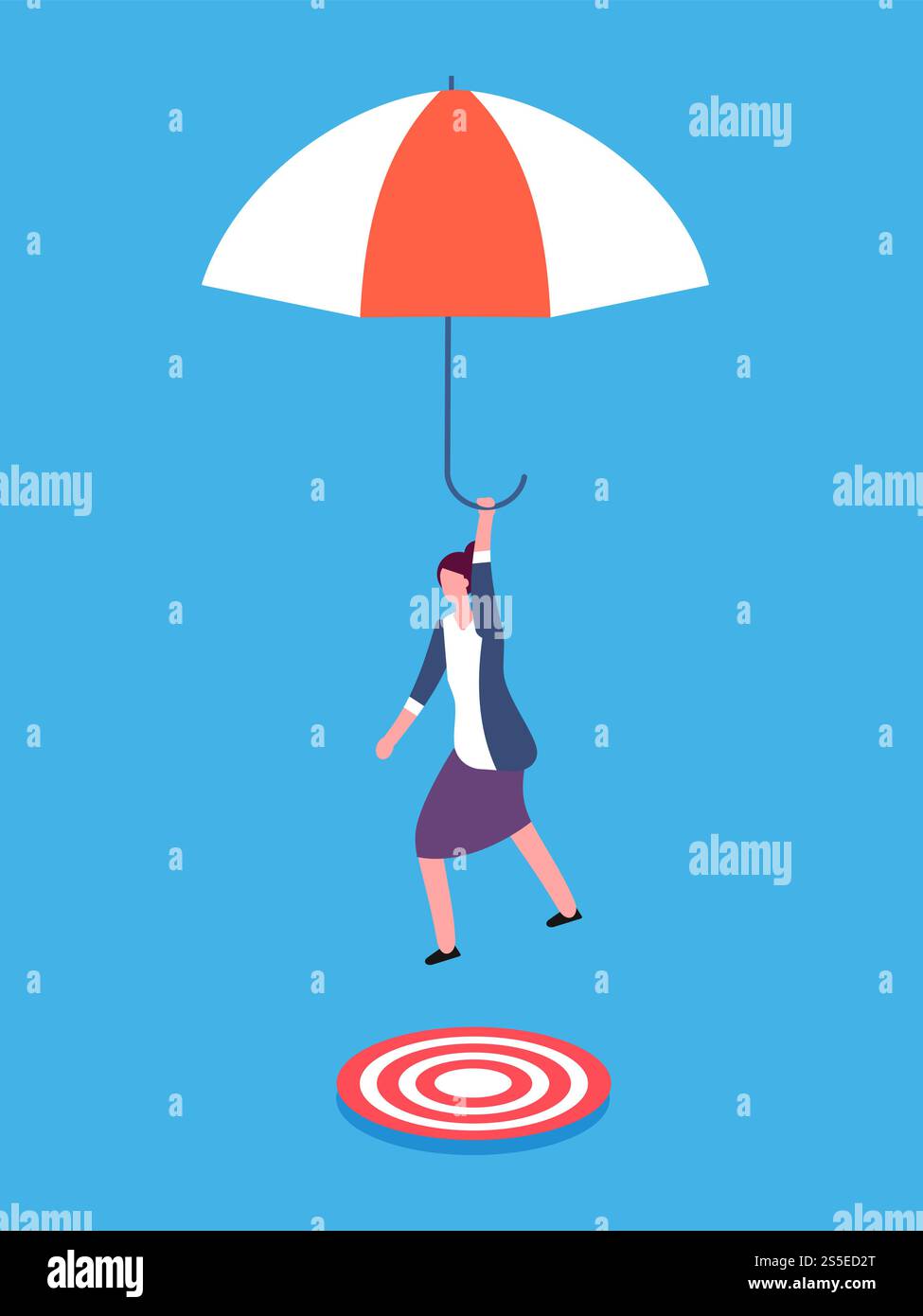 Geschäftsfrau mit Regenschirm, der auf das Ziel zielt. Riskantes Geschäft, Erfolg und Fokusvektorkonzept. Geschäftsfrau mit Regenschirm, Ziel und Zielillustration. Geschäftsfrau mit Regenschirm, der auf das Ziel zielt. Riskantes Geschäft, Erfolg und Fokusvektorkonzept Stock Vektor