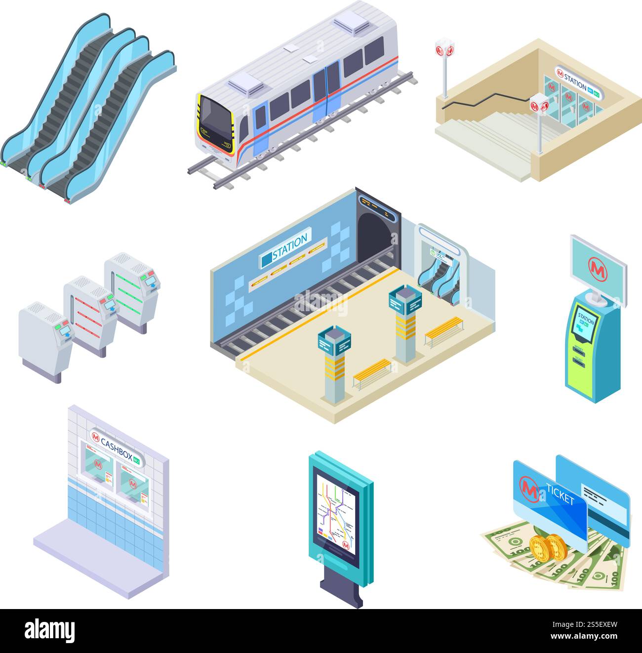 Isometrische Metroelemente. U-Bahn, Bahnsteig und Rolltreppe, Drehkreuz und unterirdischer Tunnel. 3D-Subway-Vektorsammlung. Abbildung: Zugisometrische U-Bahnstation. Isometrische Metroelemente. U-Bahn, Bahnsteig und Rolltreppe, Drehkreuz und unterirdischer Tunnel. 3D-Subway-Vektorsammlung Stock Vektor