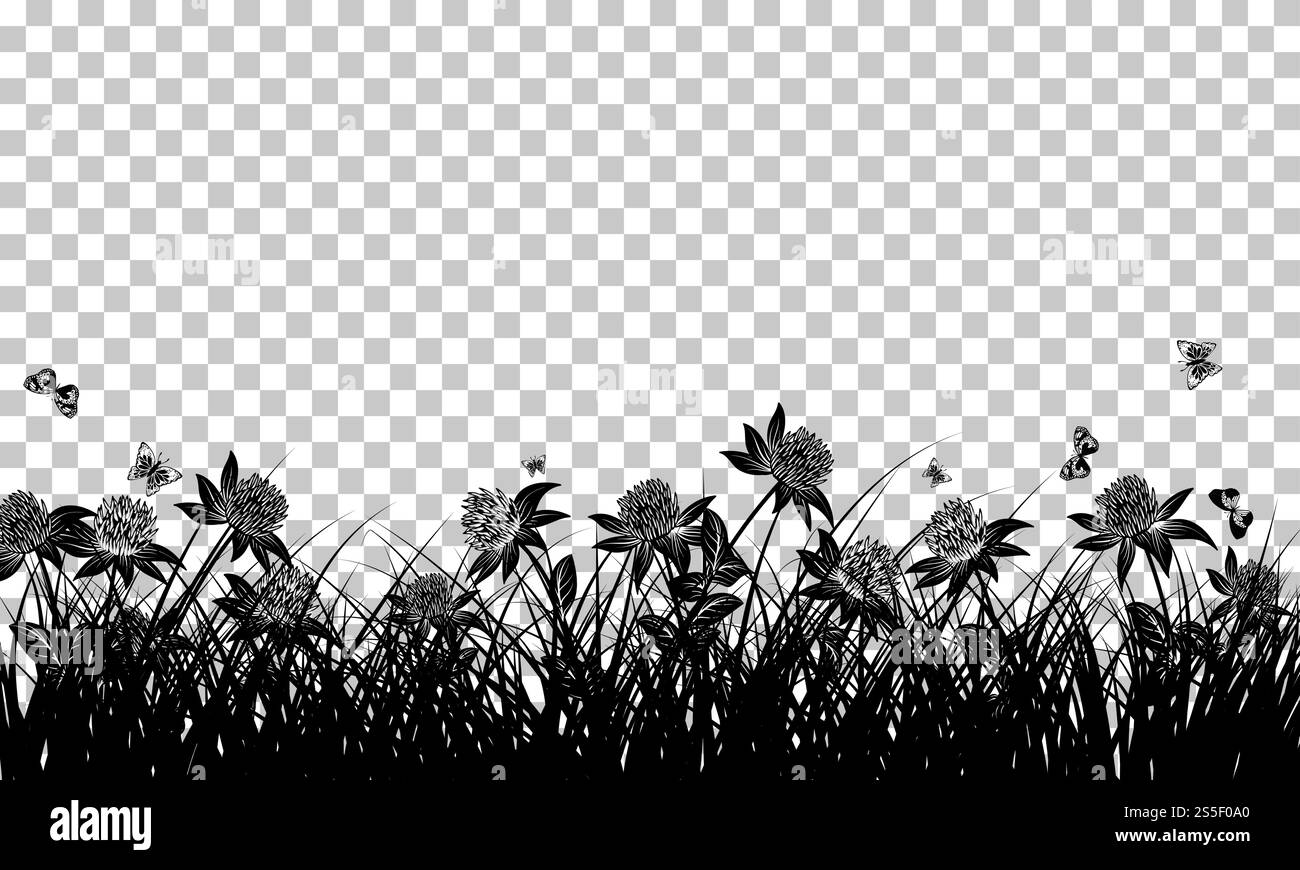 Wiese Hintergrund mit Schmetterlingen. Transparency Raster Design. Vector Illustration. Stock Vektor