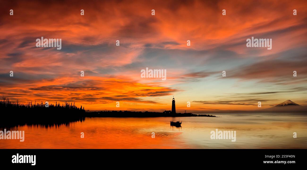 Dramatischer Sonnenuntergang über einem Leuchtturm und Küstenszene. Stockfoto Dramatischer Sonnenuntergang über einem Leuchtturm und Küstenszene. Stockfoto
