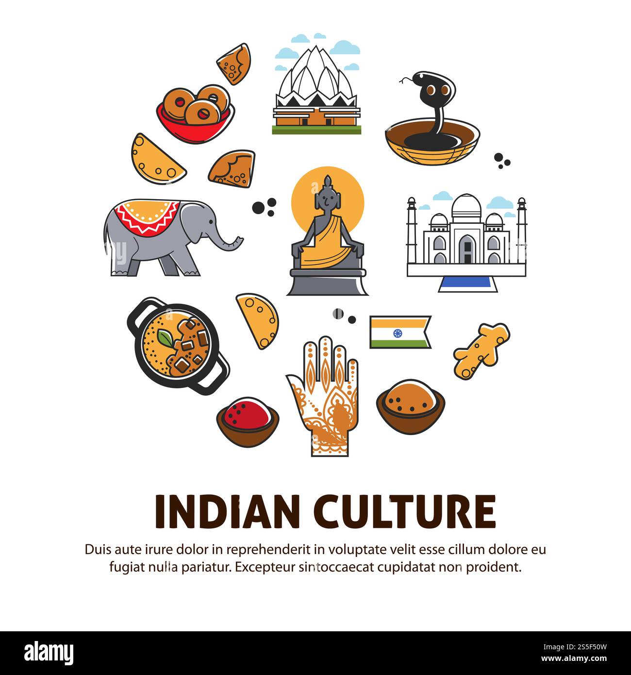 Promo-Poster für indische Kultur mit nationalen Symbolen. Religiöse Attribute, architektonische Konstruktionen, scharfe Küche und exotische Tiere im großen Kreis kommerzielle Banner Cartoon Vektor Illustration.. Promo-Poster für indische Kultur mit nationalen Symbolen. Religiöse Attribute, architektonische Konstruktionen Stock Vektor
