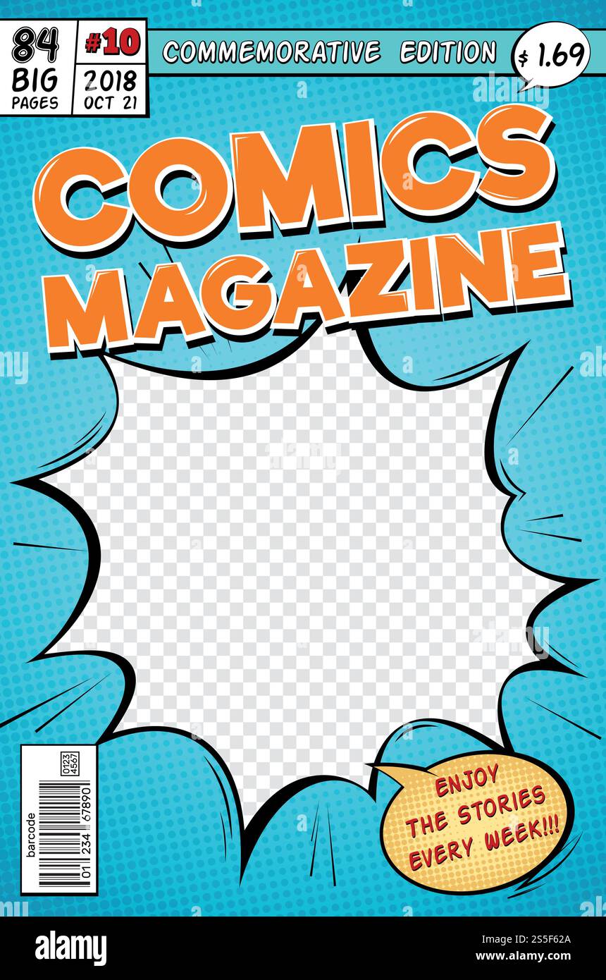 Comic-Cover. Retro-Comic-Magazin. Vektorvorlage im Pop-Art-Stil. Zeichentrickbuch in einer Zeitschrift, Illustration in einer Gedenkausgabe. Comic-Cover. Retro-Comic-Magazin. Vektorvorlage im Pop-Art-Stil Stock Vektor