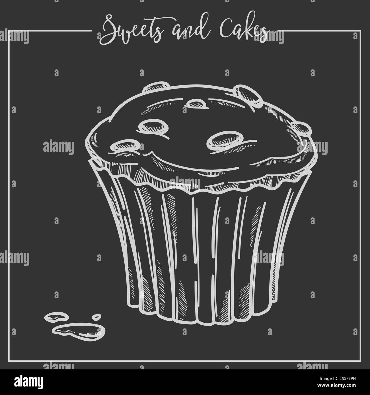 Süßigkeiten und Kuchen Cupcake mit cremiger Oberseite und Tropfen bröckeln überall Vektor Bäckerei Icon monochrome Skizze umreißen zuckerhaltige Zutaten des leckeren Zuckens auf gebackenem Produkt kulinarische Kunst in Rahmenzeichnung. Süßigkeiten und Kuchen Cupcake mit cremigem Top-and-Drop Stock Vektor