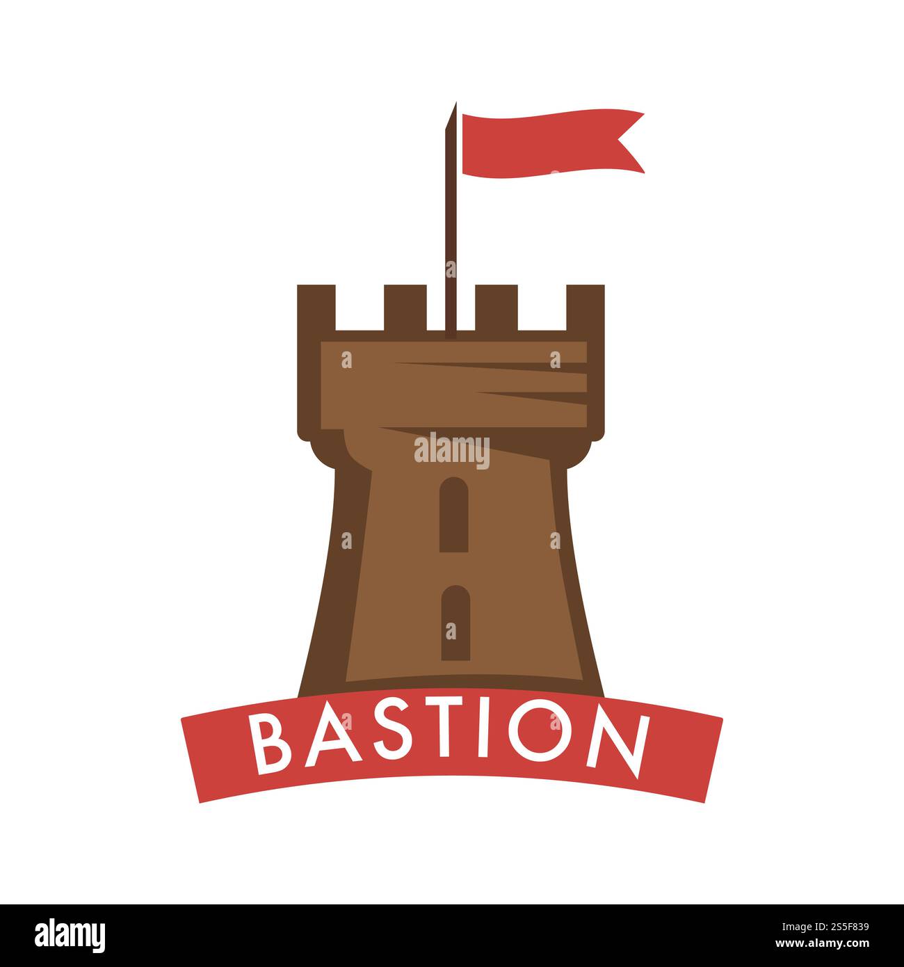 Mittelalterliche Burg mit Fahnenband oben, Architektur aus alter Zeit Vektor. Festes Vintage-Gebäude, Epoche des Königshauses, verteidigendes Gebäude. Europäisches Touristendenkmal. Mittelalterliche Burg mit Fahnenband oben, Architektur aus alter Zeit Vektor. Stock Vektor
