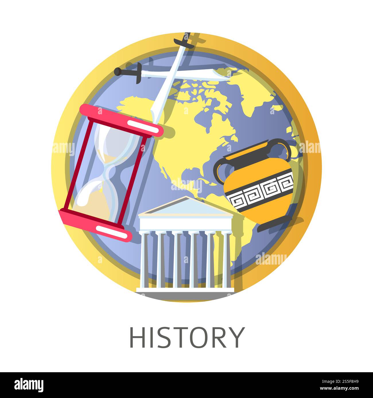 Geschichtsstudium, Schule und Universitätsdisziplin der Antike Vektor. Amphoren und griechische Architektur, Glas und gekreuzte Schwerter symbolisieren Kriege und Konflikte in der Vergangenheit. Globale vorherige Ereignisse. Geschichtsstudium, Schul- und Universitätsdisziplin der Antike Stock Vektor