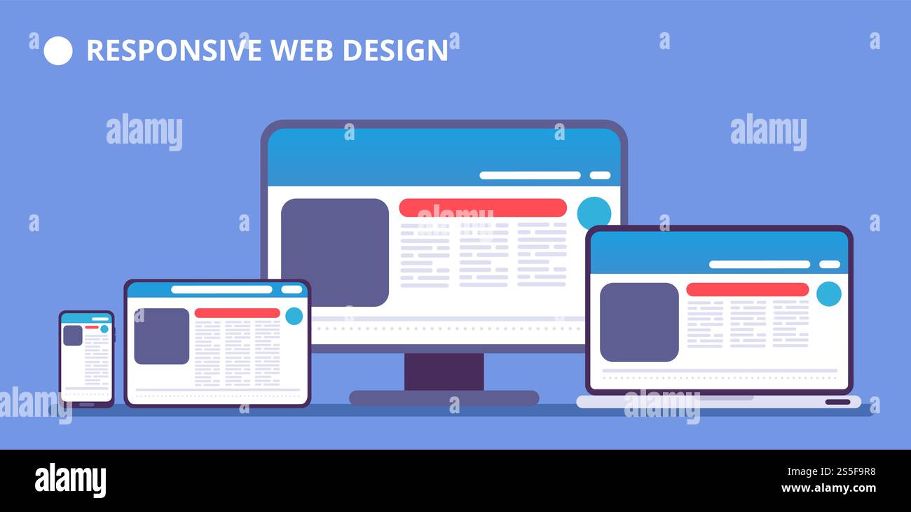 Responsive Website. Webseite auf verschiedenen Geräten. Tablet und Telefon, Laptop- und Computerdisplay mit Webdesign. Vektorabbildung. Reaktionsschnelle mobile Schnittstelle und Laptop-Bildschirm. Responsive Website. Webseite auf verschiedenen Geräten. Tablet und Telefon, Laptop- und Computerdisplay mit Webdesign. Vektorabbildung Stock Vektor