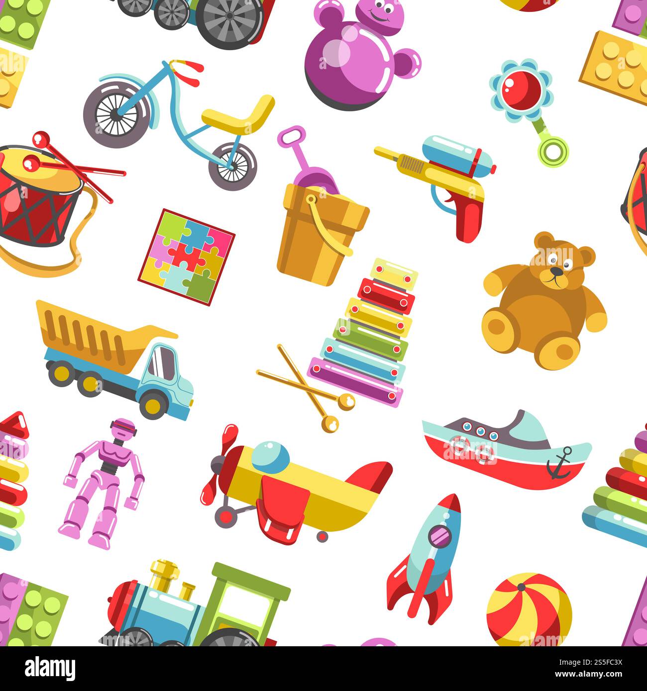 Nahtloses Muster für Vektorsymbole für Kinder. Kinderspielzeug-Set für Mädchen und Jungen im Kindergarten. Flacher Teddybär, Pyramide und Fahrrad, Rakete, Ball und Zug. Nahtloses Muster für Vektorsymbole für Kinder. Kinderspielset Stock Vektor