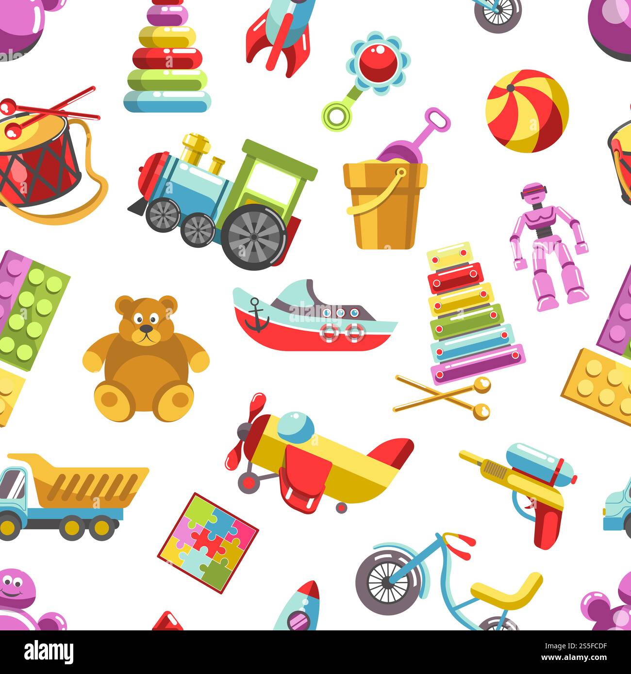 Nahtloses Muster für Vektorsymbole für Kinder. Kinderspielzeug-Set für Mädchen und Jungen im Kindergarten. Flacher Teddybär, Pyramide und Fahrrad, Rakete, Ball und Zug. Nahtloses Muster für Vektorsymbole für Kinder. Kinderspielset Stock Vektor