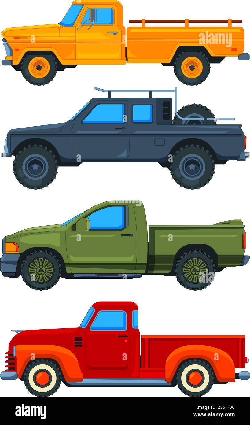 Vektor-Pickup-Lkws. Verschiedene Abbildungen des Verkehrs. Abbildung: Abholung, Transportfahrzeug. Vektor-Pickup-Lkws. Verschiedene Abbildungen des Verkehrs Stock Vektor