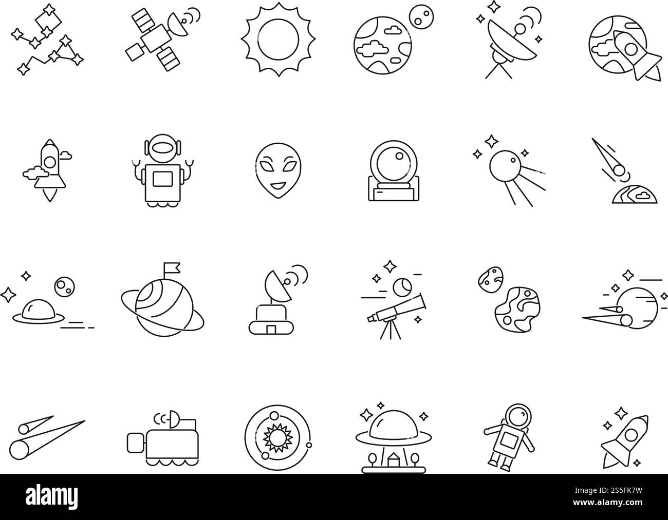 Symbole für den linearen Raum. Teleskop-Shuttle-Astronauten auf Mond und verschiedene Planeten Satelliten. Vektor-Mono-Line-Raumbilder. Illustration des Universum-Shuttle, Ufotechnologie, Stern- und Asteroidenlinie. Symbole für den linearen Raum. Teleskop-Shuttle-Astronauten auf Mond und verschiedene Planeten Satelliten. Vektor-Mono-Line-Raumbilder Stock Vektor