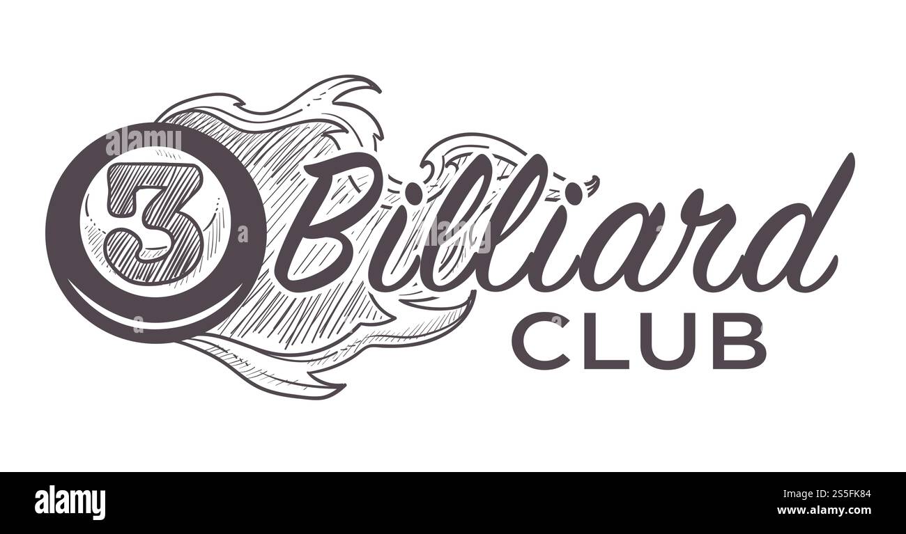 Pool-Raum-Logo monochrome Skizze Umrissvektor. Sportspiel, Turnier und Unterhaltung. Königliche Art des Glücksspiels, Billardspiele mit Bällen und Queues, Hobby und Freizeit für Herren. Billardlogo monochrome Skizze Umrissvektor Illustration. Stock Vektor