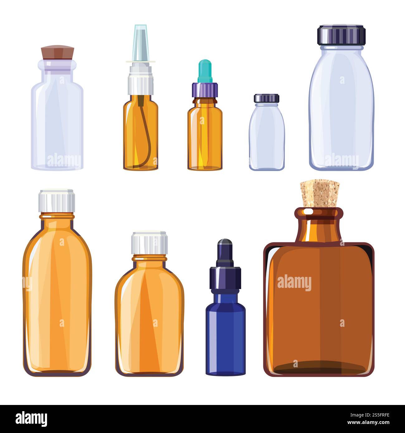 Medizinische Glasflaschen. Isolierte Glasbehälter und Flaschen für medizinische Pillen und flüssige Medikamente. Vektor Medizin Behälter Apotheke, medizinische Flasche, Plastikglas für Droge Illustration. Medizinische Glasflaschen. Isolierte Glasbehälter und Flaschen für medizinische Pillen und flüssige Medikamente Stock Vektor