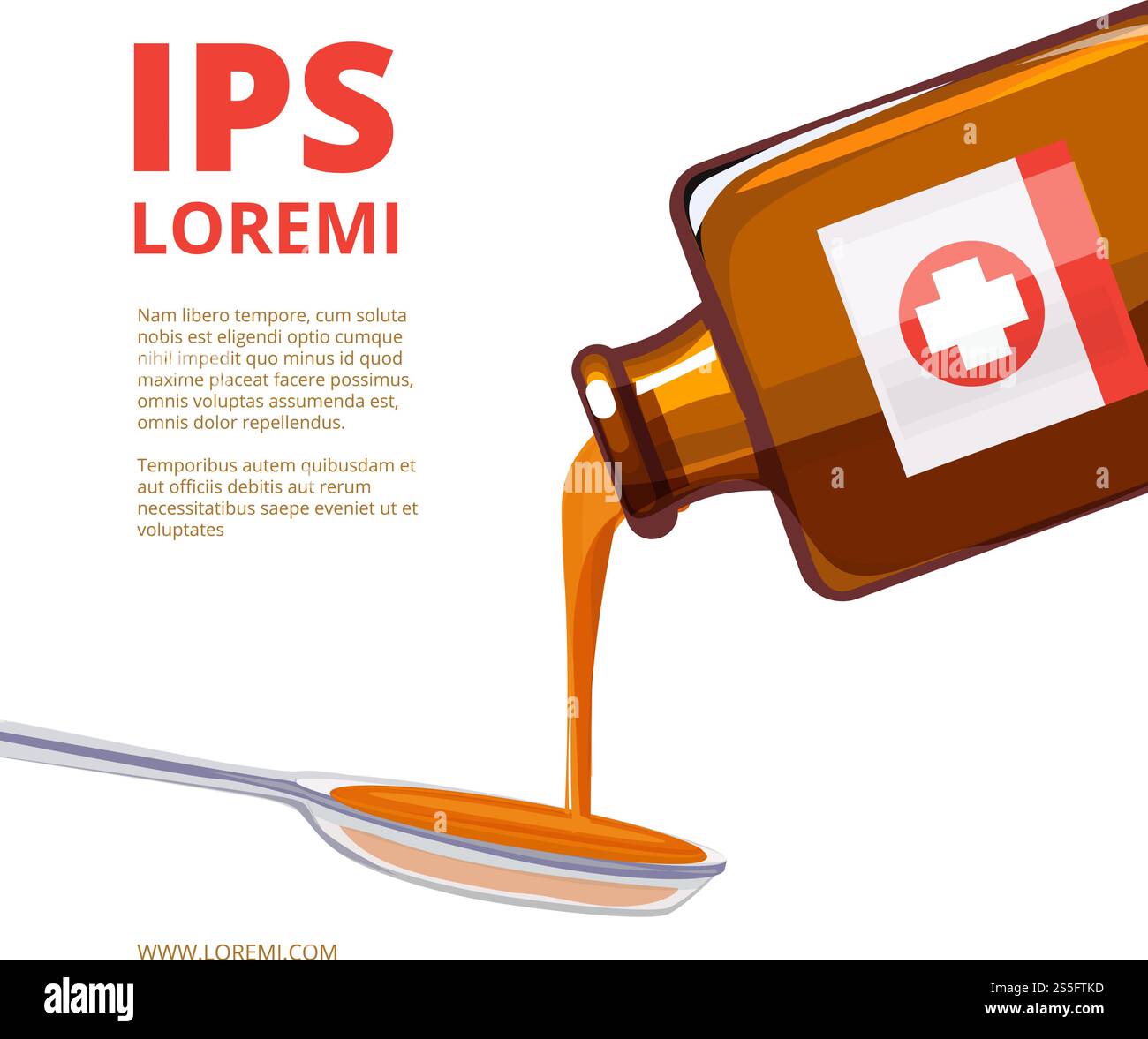 Flüssige Medizin im Löffel. Vektorillustrationen der Arzneimittelflasche. Löffel mit Sirup Husten, medizinische Versorgung. Flüssige Medizin im Löffel. Vektorillustrationen der Arzneimittelflasche Stock Vektor