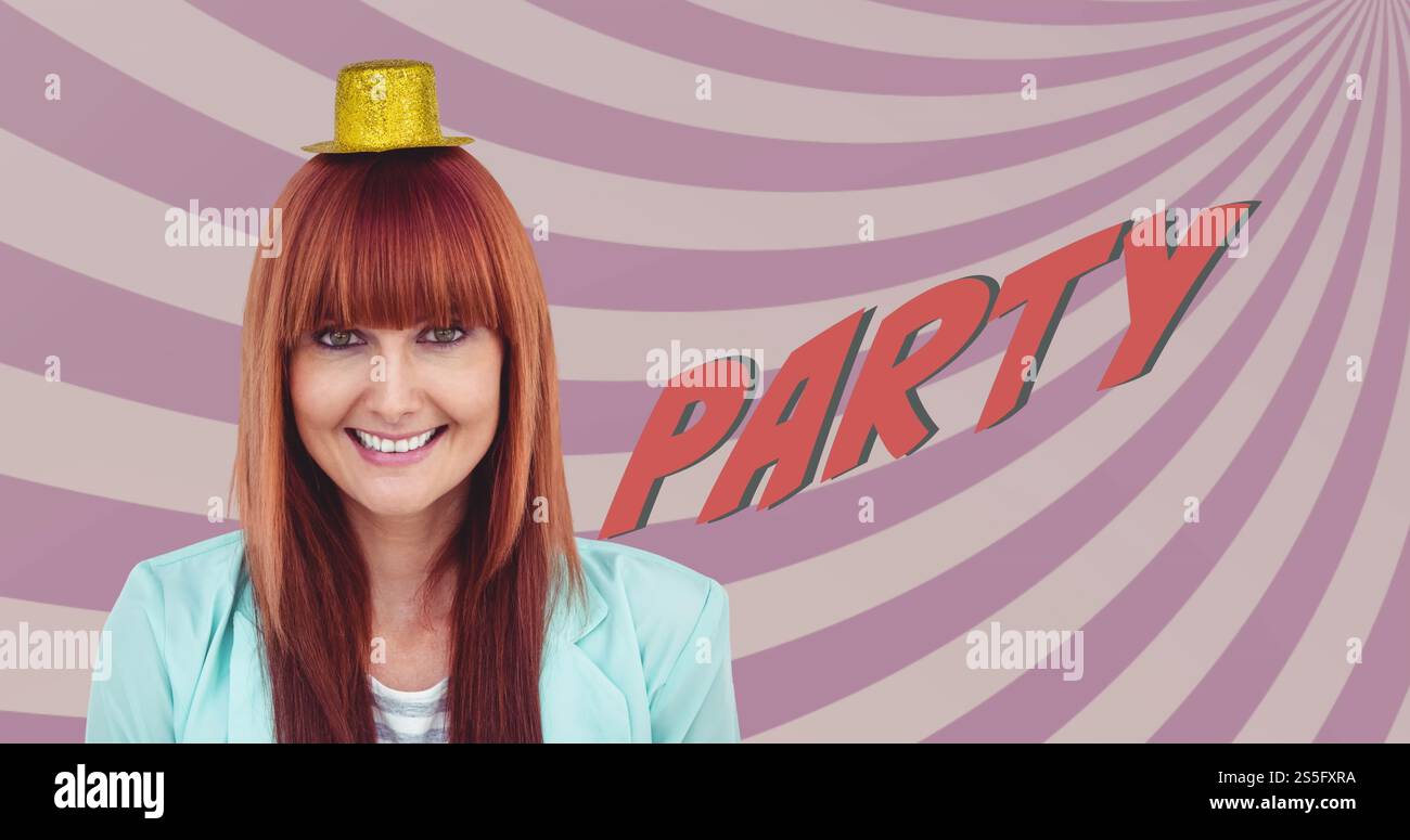Bild von Partytext über kaukasierin mit Partyhut Stockfoto