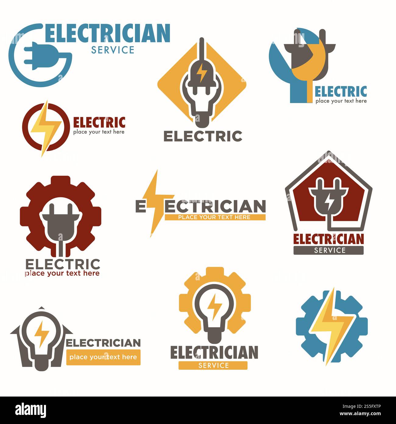 Elektriker Service und elektrische Steckdosen mit Glühlampen Logos setzen Vektorkabel mit Stecker Elektrosystem im Haus Beruf des Reparaturarbeiters Behebung von Problemen in Haushalt Zahnrad und Getriebe Energie Bolzen. Elektriker Service und Steckdosen mit Logos für Glühlampen Stock Vektor