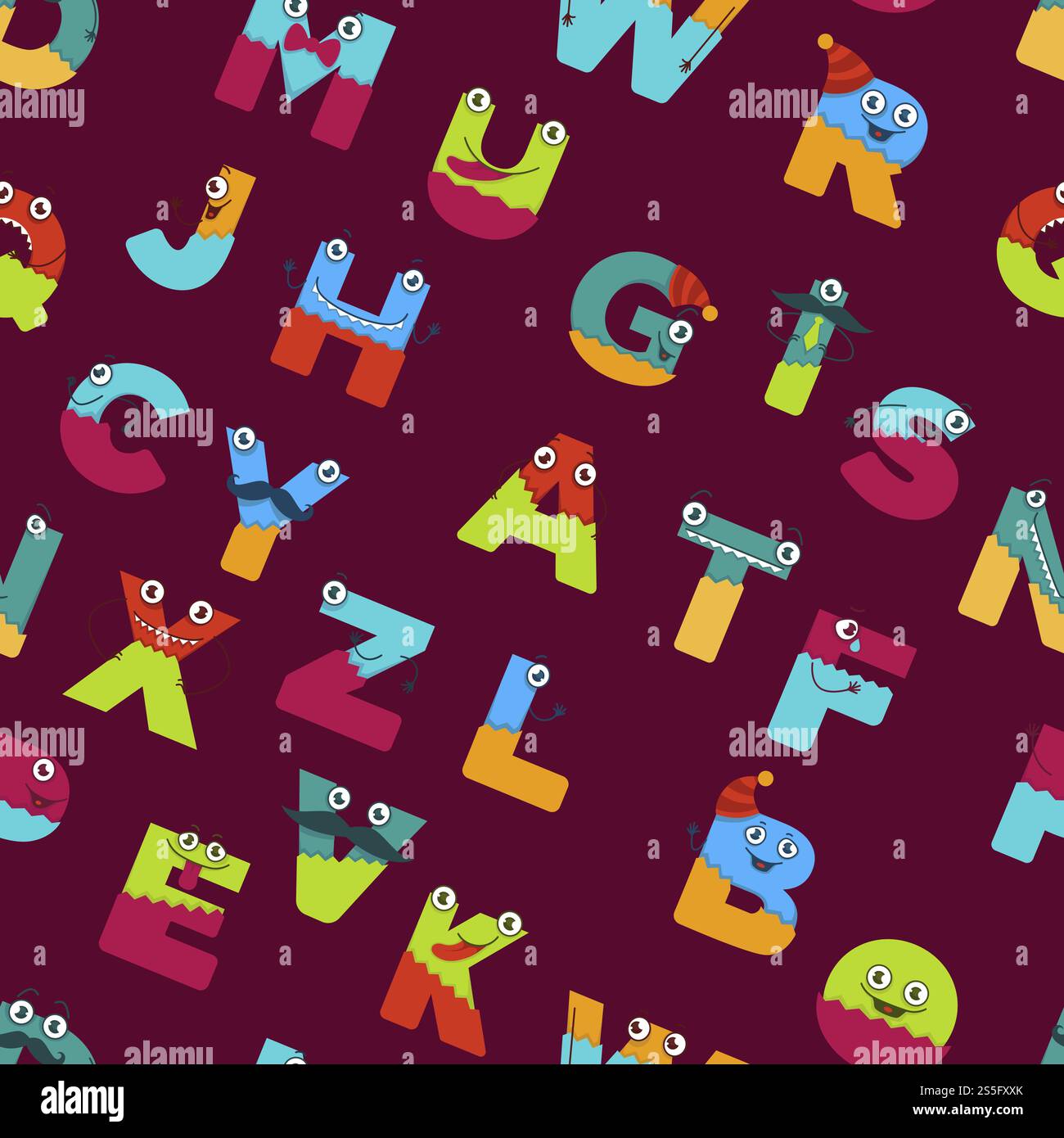 Lustiges Alphabet mit Zeichentrickfiguren für Kinder Design nahtlos. Vektorbuchstaben von Comic-Monster-Kreaturen Gesichter mit Augen, Mund-Lächeln und Schnurrbart in Großbuchstaben. Lustiges Alphabet mit Zeichentrickfiguren für Kinder Design nahtlos. Stock Vektor