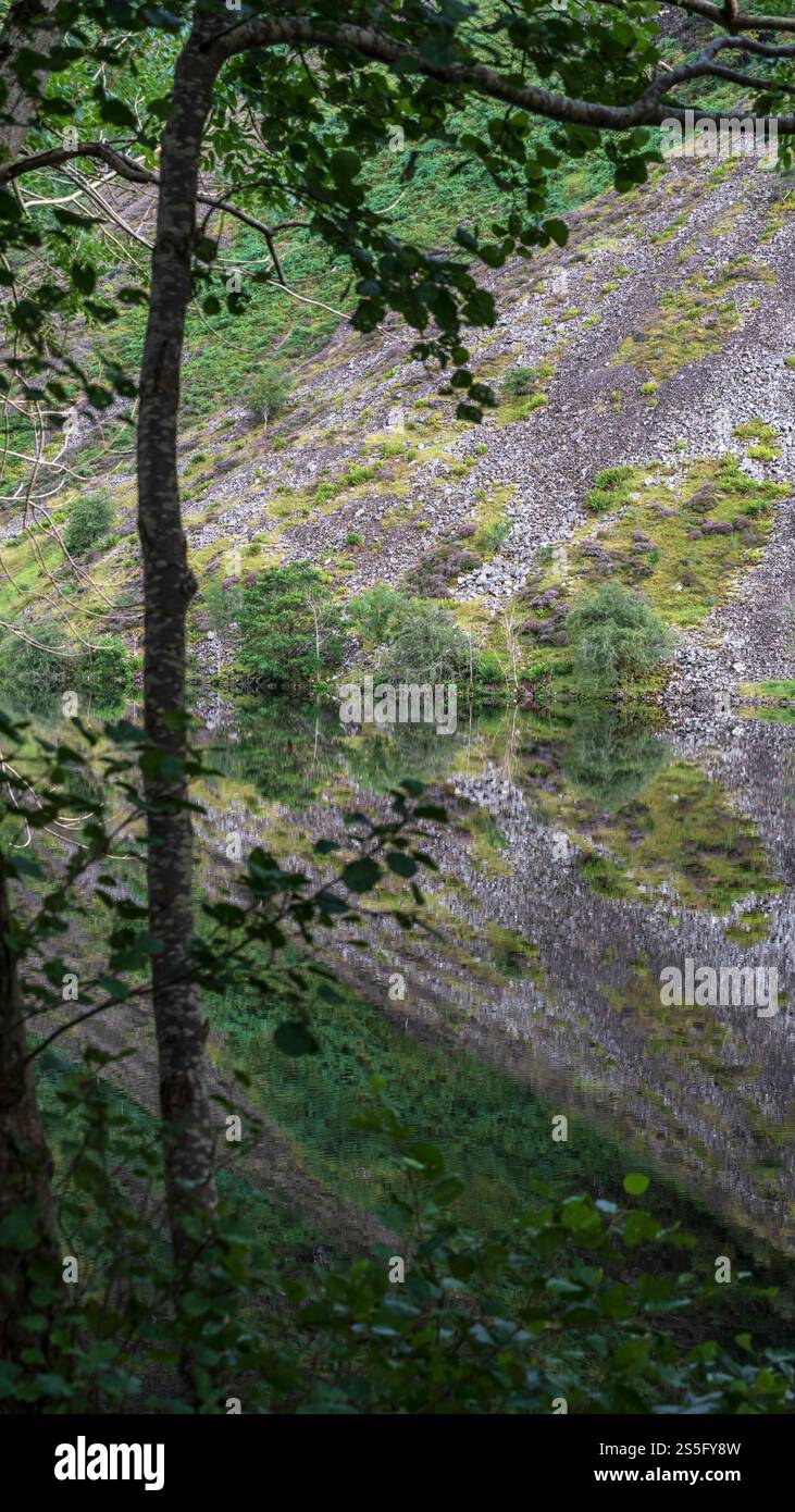 Loch Awe, der sich Oban nähert, der Fuß des Lochs - spiegelähnliches Wasser und steile schotterbedeckte Ufer im engen glen überschwemmten, um Wasserkraft zu erzeugen Stockfoto