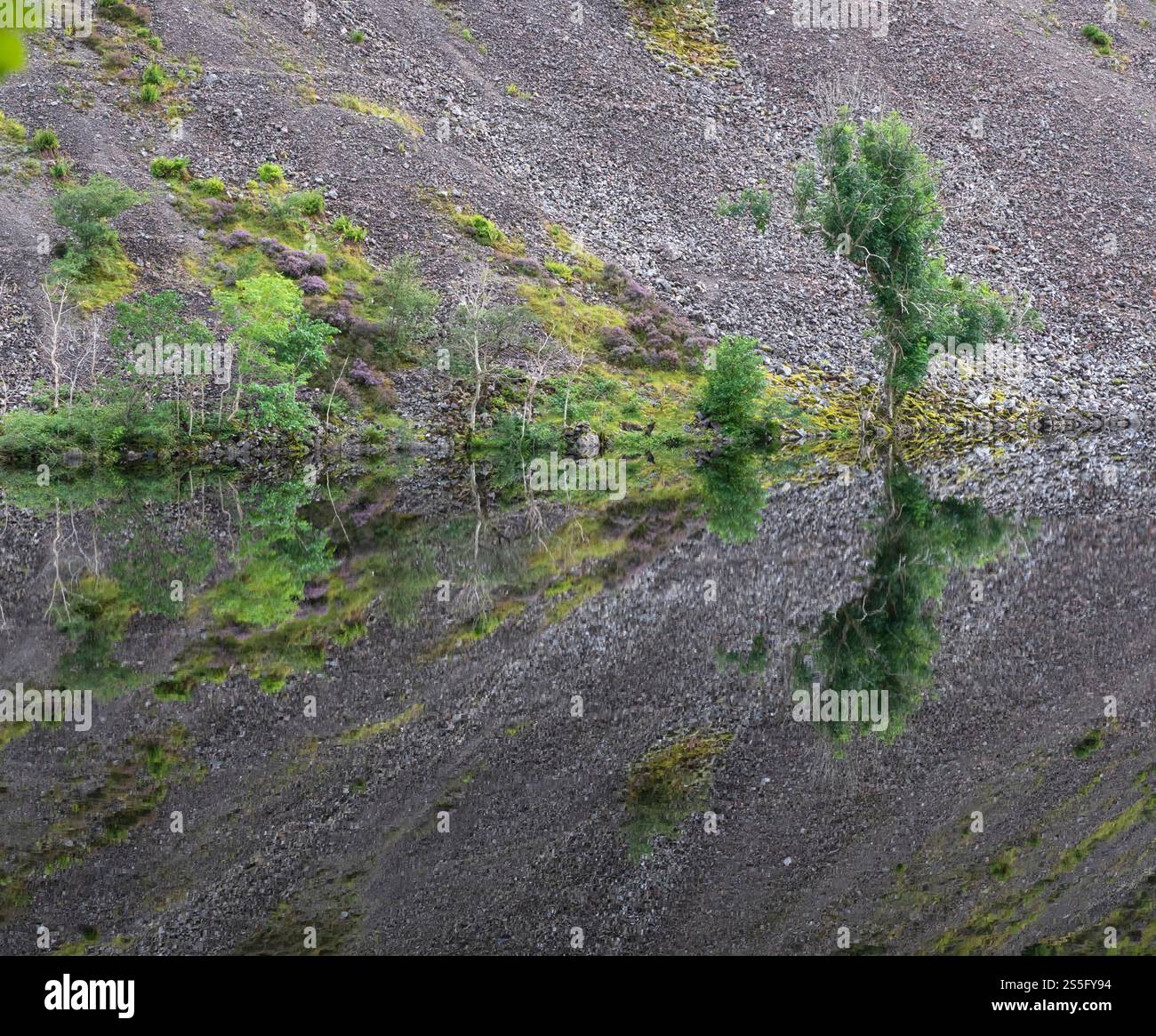 Loch Awe, der sich Oban nähert, der Fuß des Lochs - spiegelähnliches Wasser und steile schotterbedeckte Ufer im engen glen überschwemmten, um Wasserkraft zu erzeugen Stockfoto