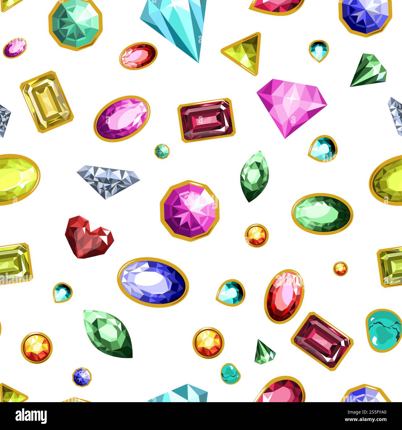 Edelsteine und Diamanten, Edelsteine nahtlose Muster Vektor. Kristall wohlhabende Produkte in Goldrahmen, Schmuckstücke, modische und teure Objekte. Funkelnde Karats und Facetten von Edelsteinen. Edelsteine und Diamanten, Edelsteine nahtlose Muster Vektor. Stock Vektor