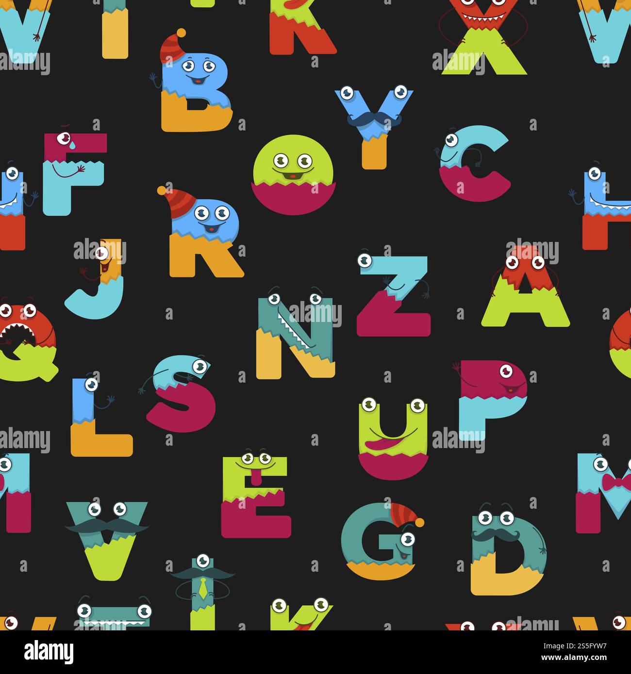 Lustiges Alphabet mit Zeichentrickfiguren für Kinder Design nahtlos. Vektorbuchstaben von Comic-Monster-Kreaturen Gesichter mit Augen, Mund-Lächeln und Schnurrbart in Großbuchstaben. Lustiges Alphabet mit Zeichentrickfiguren für Kinder Design nahtlos. Stock Vektor