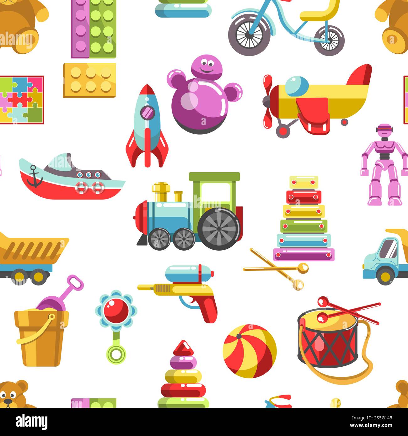 Nahtloses Muster für Vektorsymbole für Kinder. Kinderspielzeug-Set für Mädchen und Jungen im Kindergarten. Flacher Teddybär, Pyramide und Fahrrad, Rakete, Ball und Zug. Nahtloses Muster für Vektorsymbole für Kinder. Kinderspielset Stock Vektor