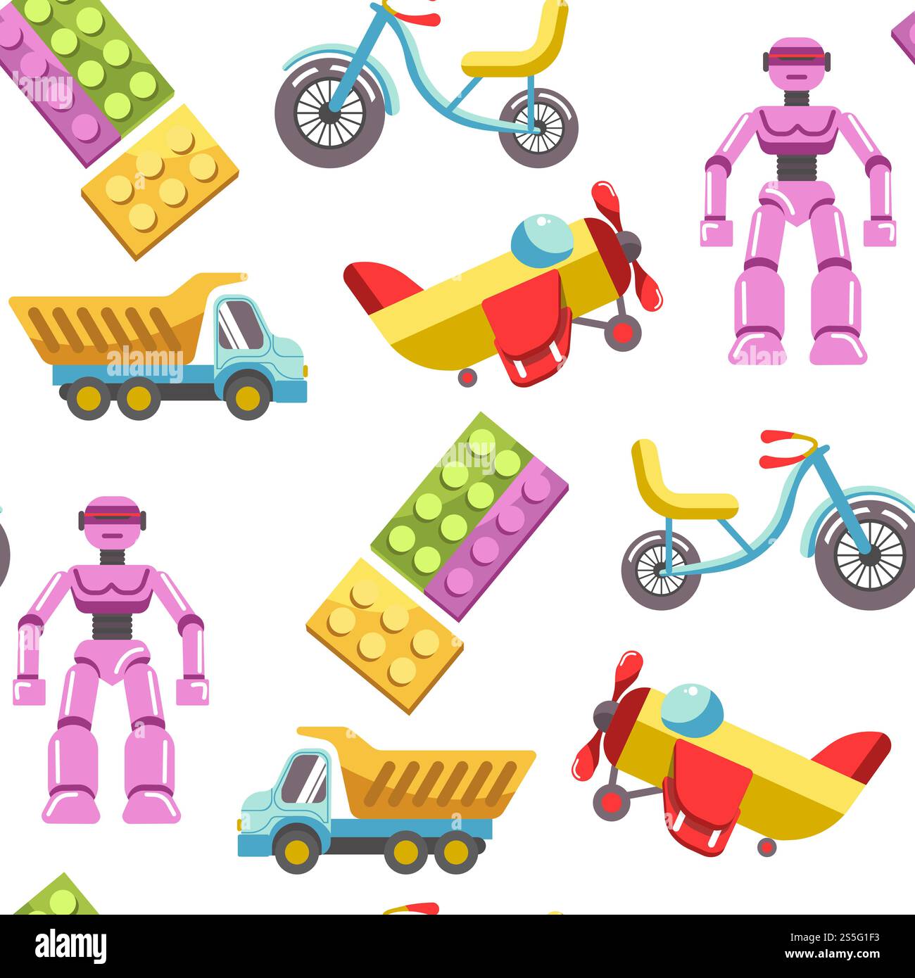 Nahtloses Muster für Vektorsymbole für Kinder. Kinderspielzeug-Set für Mädchen und Jungen im Kindergarten. Flacher Teddybär, Pyramide und Fahrrad, Rakete, Ball und Zug. Nahtloses Muster für Vektorsymbole für Kinder. Kinderspielset Stock Vektor