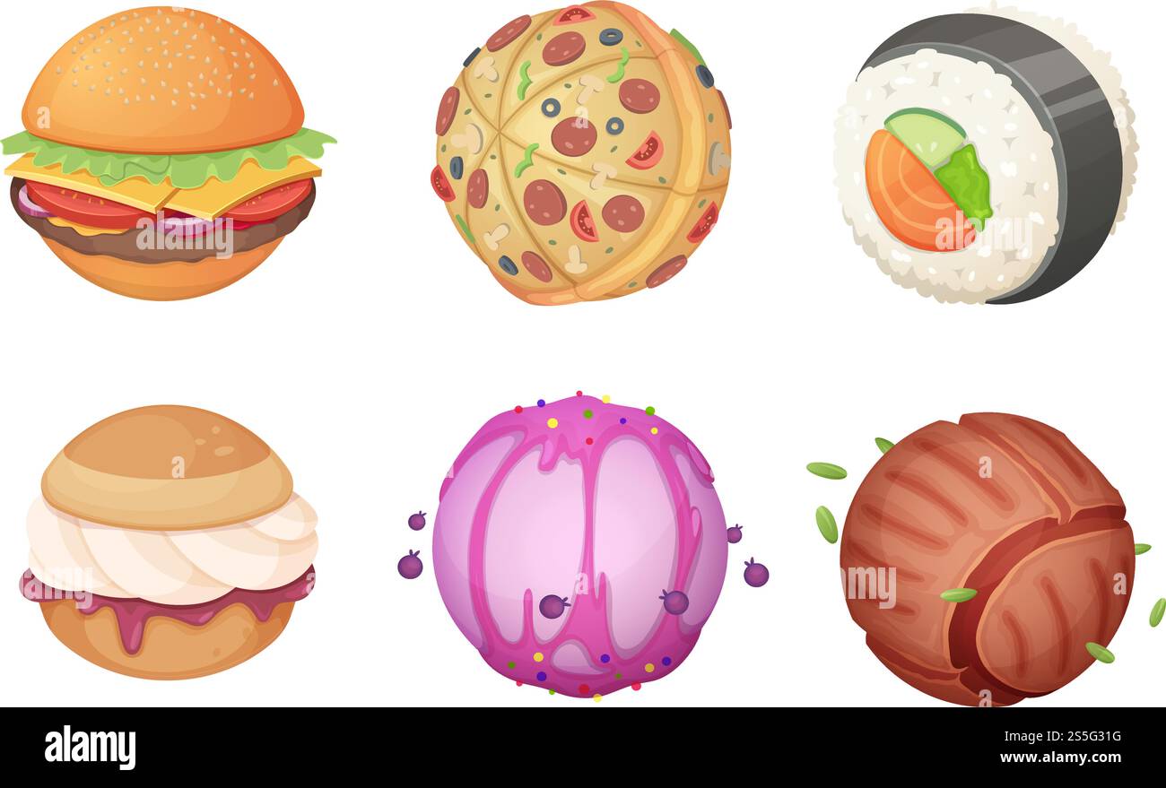 Planeten aus Nahrung. Raum Set aus Süßigkeiten Bürgermeister Küche Fantasia fantastische ungewöhnliche Karikaturwelt mit Ufovektorbildern. Sammlung von Food Planet, Burger World und Roll Sushi Illustration. Planeten aus Nahrung. Raum Set aus Süßigkeiten Bürgermeister Küche Fantasia fantastische ungewöhnliche Karikaturwelt mit Ufovektorbildern Stock Vektor