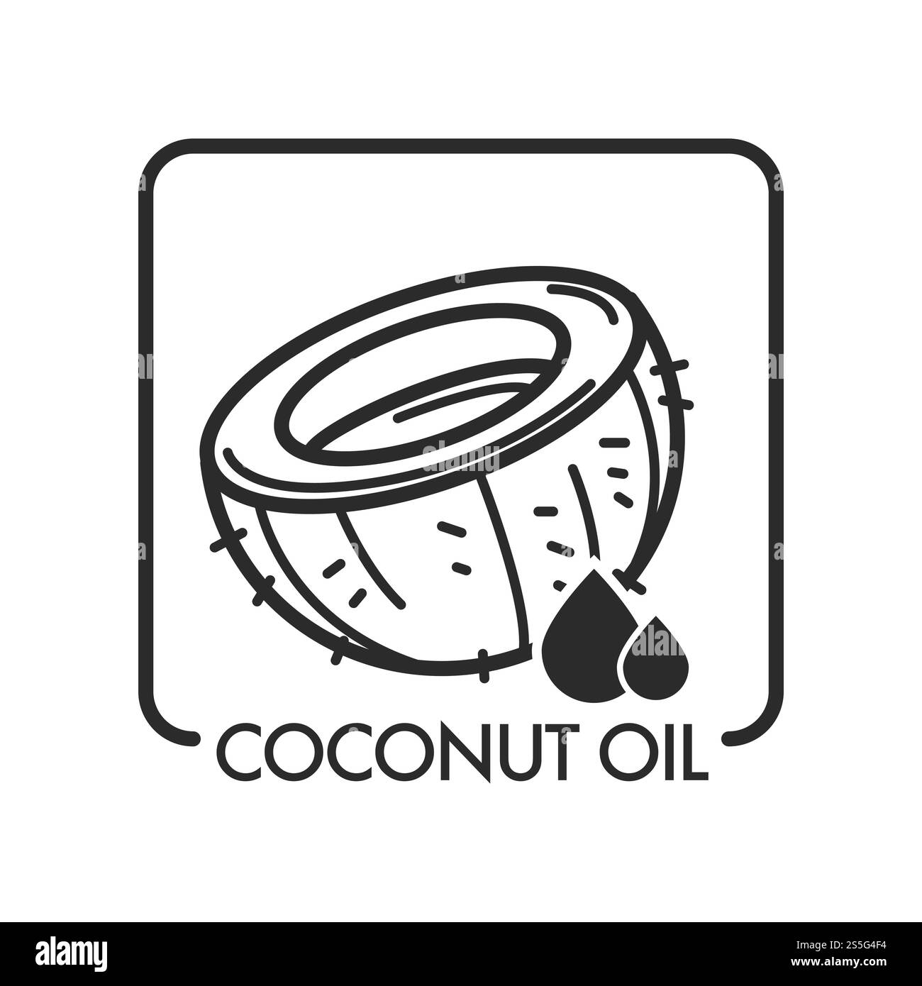 Kokosöl, Produkt und Tropfen, monochrome Skizze Umrissvektor. Ikone des Spa-Salons, tropische Zutat für Kosmetik und Medizin, Kochen von Desserts und Hautbehandlungen. Gesundheitsverbesserung. Kokosöl, Produkt und Tropfen, einfarbige Skizzenumrisse Stock Vektor