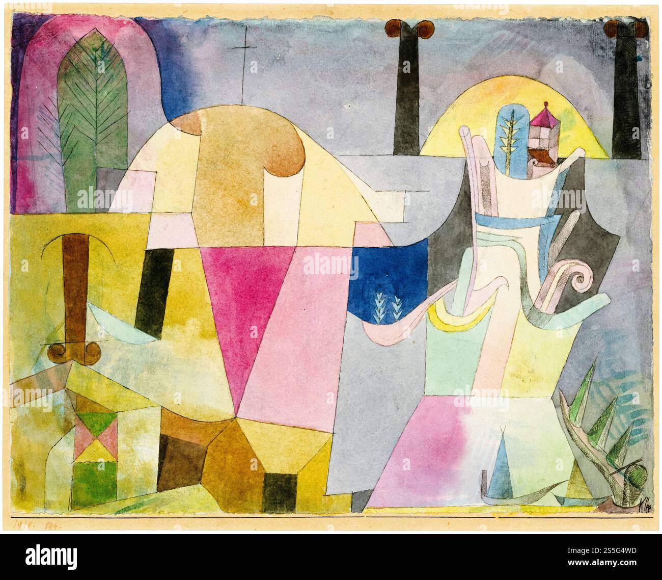 Paul Klee, Black Columns in a Landscape, abstraktes Gemälde in Aquarell über Stift und Tinte, 1919 Stockfoto