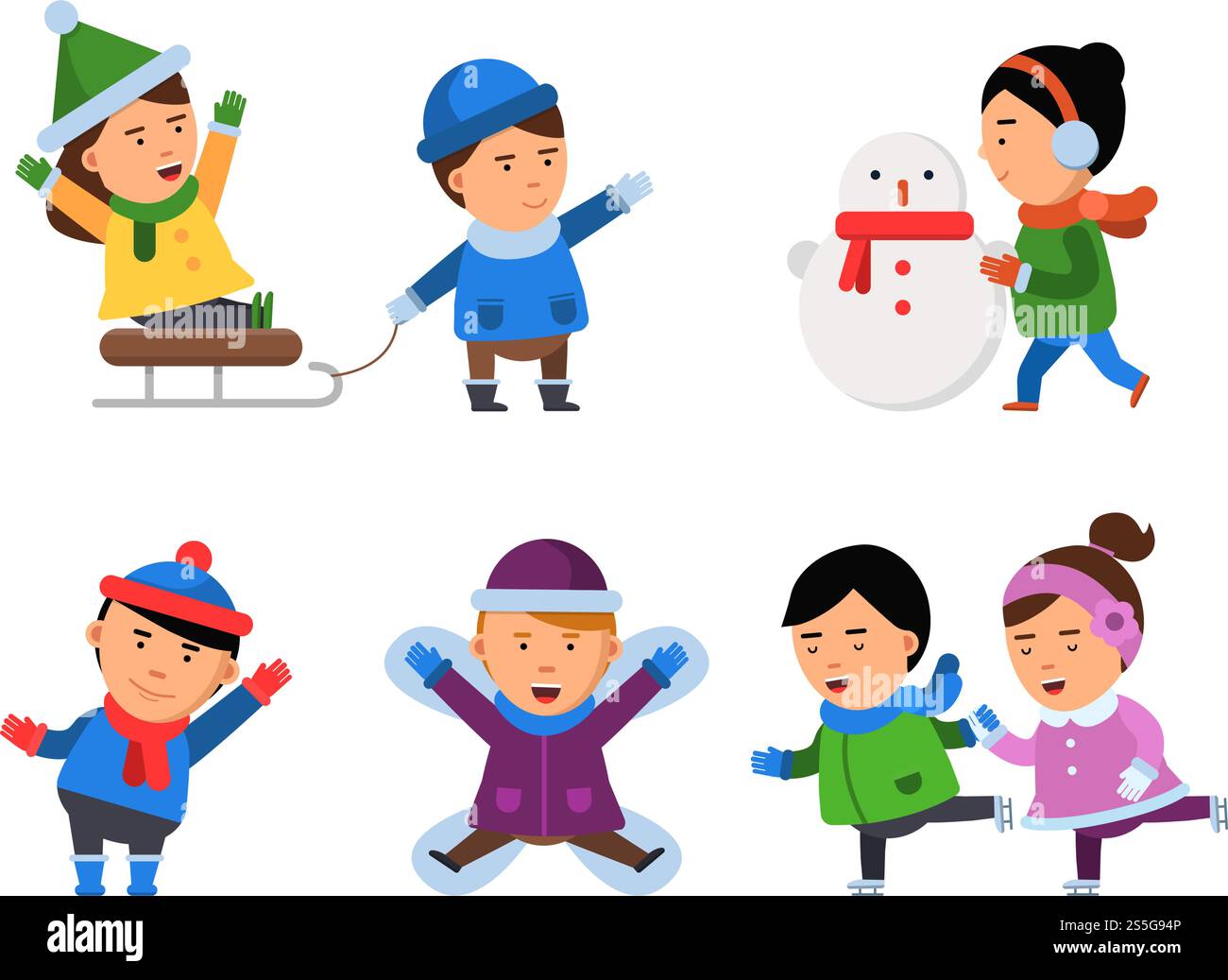 Winter Lächeln Charaktere. Kinder Schnee Kleidung Jungen Mädchen weihnachtsfeier Kinder spielen Vektor Illustrationen isoliert. Glückliche Kinder mit Schlitten und Schlittschuhen, Schneemann und Winterzeit. Winter Lächeln Charaktere. Kinder Schnee Kleidung Jungen Mädchen weihnachtsfeier Kinder spielen Vektor Illustrationen isoliert Stock Vektor