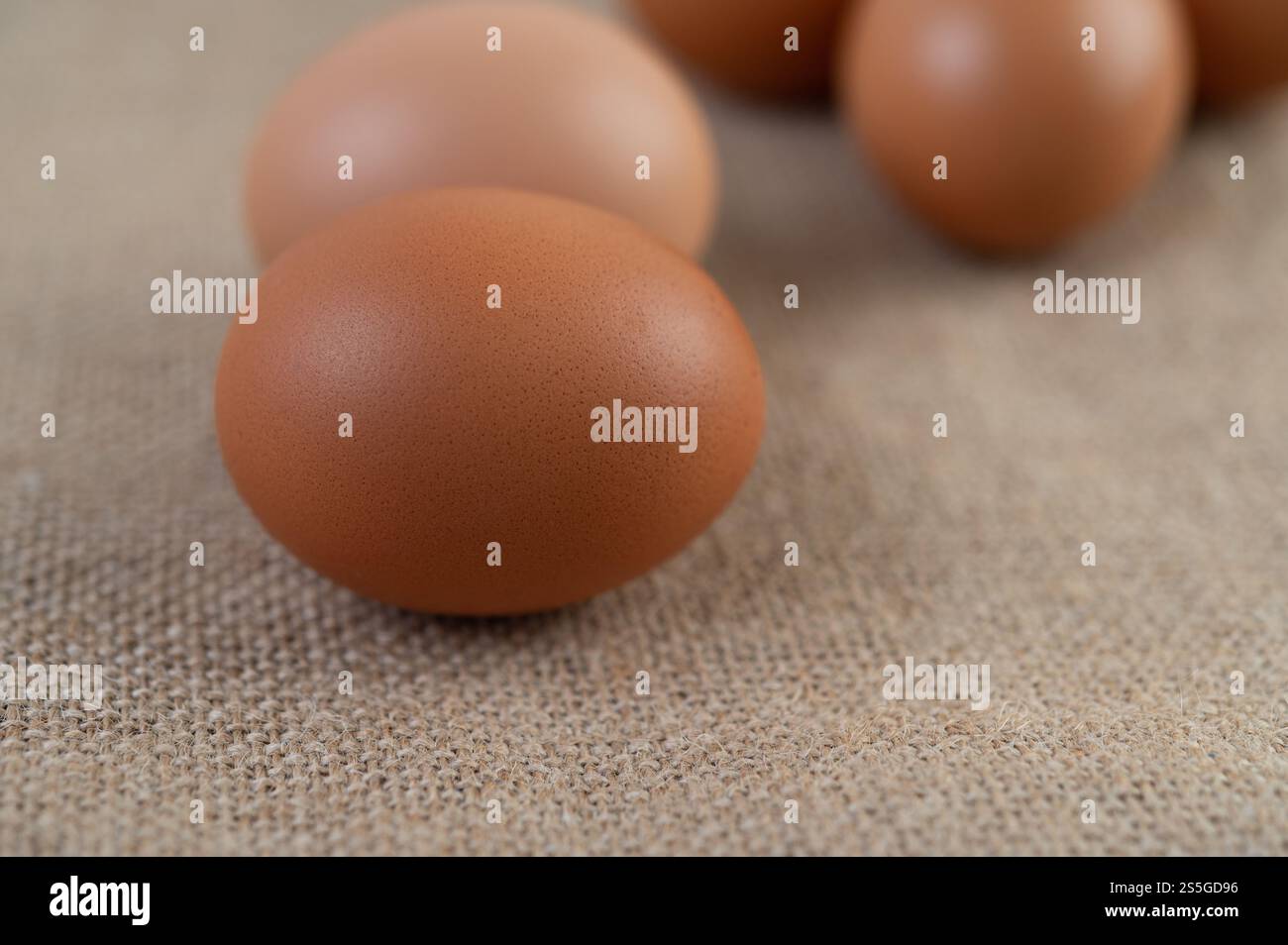 Eier auf dem Boden von Hanfsäcken. Selektiver Fokus. Stockfoto