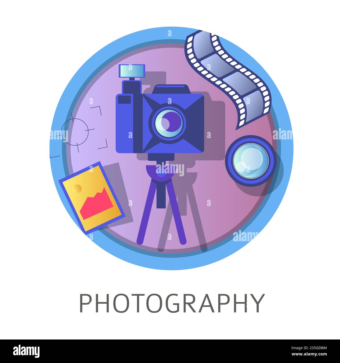 Fotografie, Schulfach, Hochschulfach, Klassenvektor. Lehren über die Erlangung von Kenntnissen über Kameras und Filme, Bänder und Bilder. Symbol für kreative Kurse für Fotografen. Fotografie, Fach in der Schule, Fachunterricht an der Universität Stock Vektor