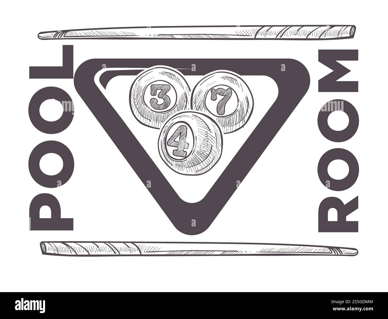 Pool-Raum-Logo monochrome Skizze Umrissvektor. Sportspiel, Turnier und Unterhaltung. Königliche Art des Glücksspiels, Billardspiele mit Bällen und Queues, Hobby und Freizeit für Herren. Billardlogo monochrome Skizze Umrissvektor Illustration. Stock Vektor