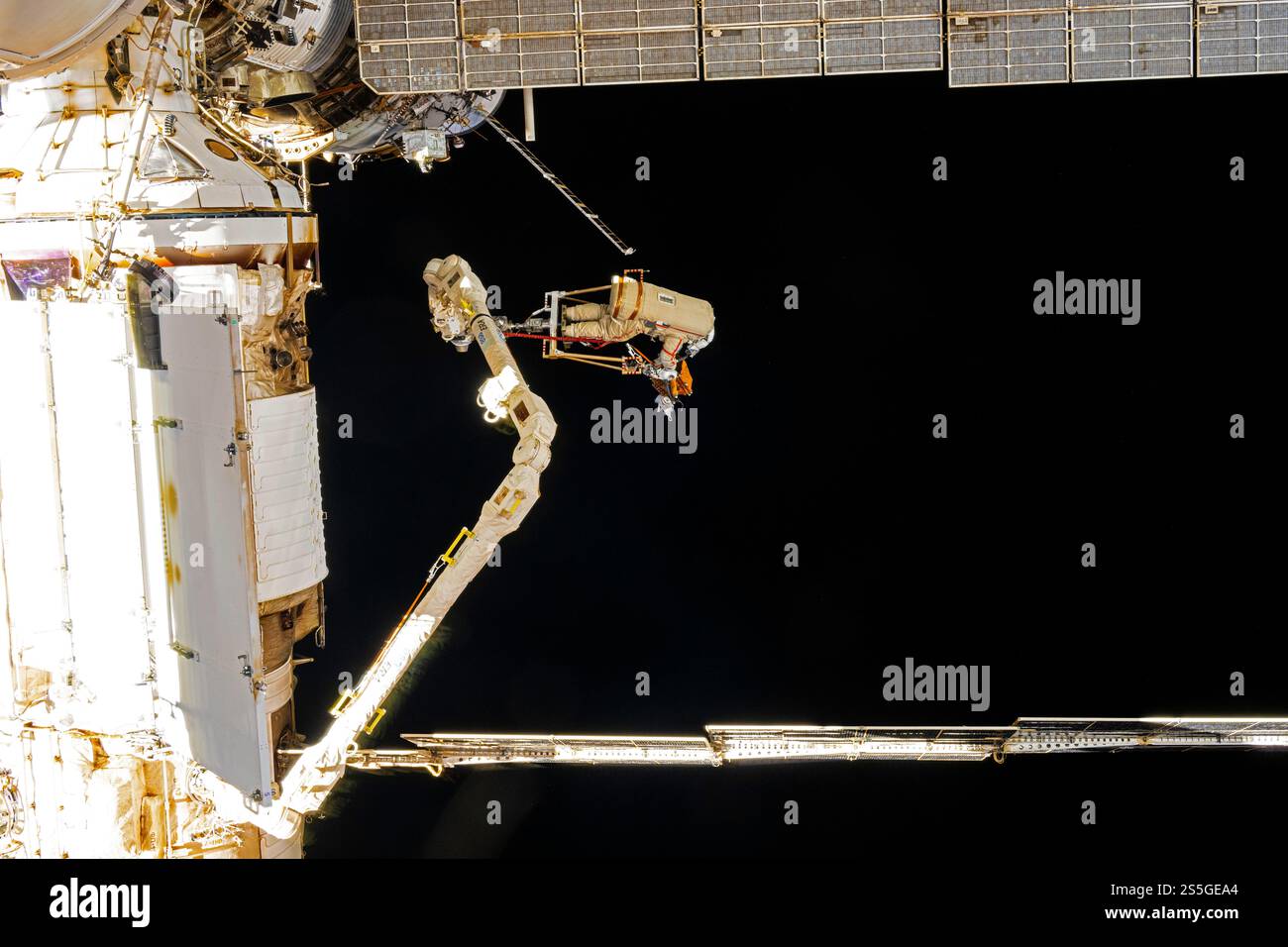 ISS - 19. Dezember 2024) --- Roscosmos Kosmonaut und Expedition 72 Flugingenieur Alexey Ovchinin wird mit dem europäischen Roboterarm manövriert Stockfoto