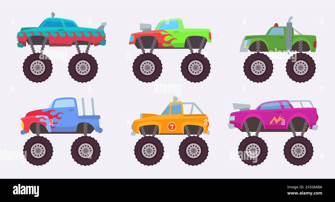 Monster Truck. Große Räder von gruseligen Auto Auto-Spielzeug für Kinder Vektor-Illustrationen. Monster Transport suv, Off-Road Pickup Spielzeug. Monster Truck. Große Räder von gruseligen Auto Auto-Spielzeug für Kinder Vektor-Illustrationen Stock Vektor