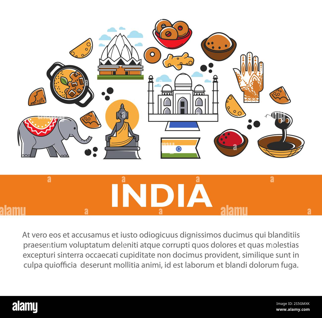 Promo-Poster für indische Kultur mit nationalen Symbolen. Religiöse Attribute, architektonische Konstruktionen, scharfe Küche und exotische Tiere im großen Kreis kommerzielle Banner Cartoon Vektor Illustration.. Promo-Poster für indische Kultur mit nationalen Symbolen. Religiöse Attribute, architektonische Konstruktionen Stock Vektor