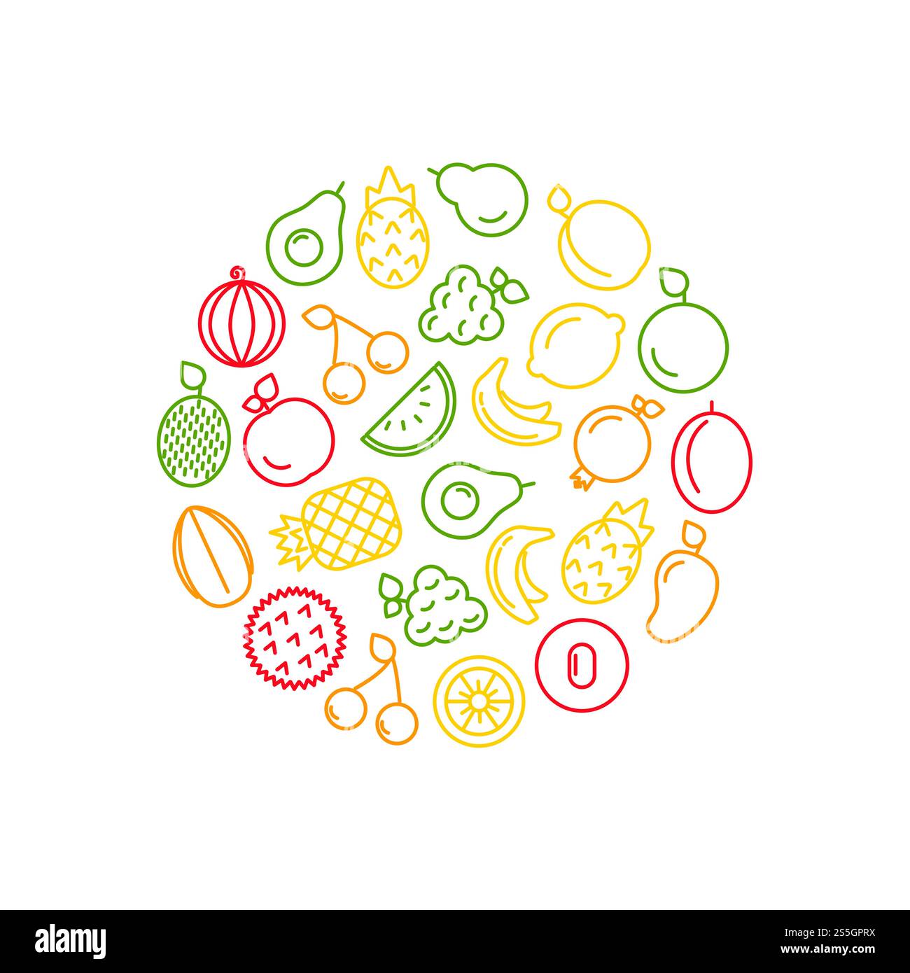 Vektorlinie Fruchtsymbole in kreisförmiger Illustration isoliert auf weißem Hintergrund. Vektorlinie Fruchtsymbole in kreisförmiger Illustration Stock Vektor