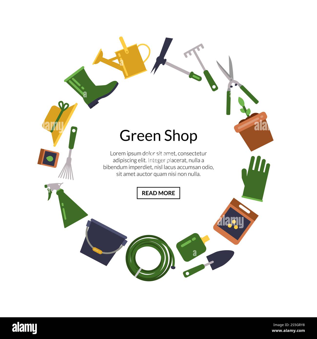 Vektor flache Gartensymbole in kreisförmiger Form mit Platz für Textabbildung isoliert auf weiß. Vektor flache Gartensymbole Stock Vektor