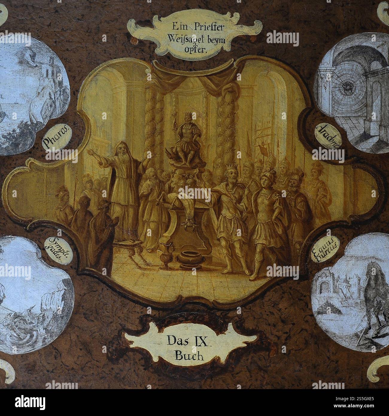 Biblische Opferszene, abgeleitet aus dem alttestamentlichen Buch Leviticus, umgeben von Bildern wie dem Trojanischen Pferd, dem Pharos-Leuchtturm in Alexandria und einem Spinnennetz, die alle Sprichwörter illustrieren. Das Kunstwerk befindet sich im Zlatá Zisterzienserkloster der Goldenen Krone in Südböhmen, Tschechien. Stockfoto