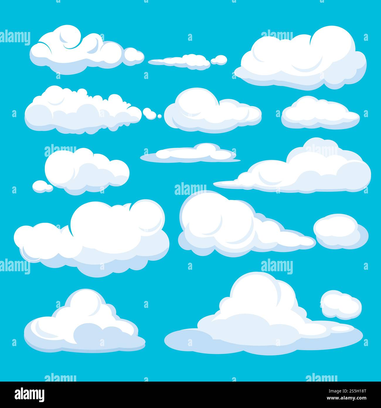 Karikaturwolken. Blauer Himmel Wolkenlandschaft blaue Wolken verschiedene Formen und Formen Vektor-Illustrationen. Weiße Wolke flauschig am Lufthimmel, verschiedene Wolken steigen in die Höhe. Karikaturwolken. Blauer Himmel Wolkenlandschaft blaue Wolken verschiedene Formen und Formen Vektor-Illustrationen Stock Vektor