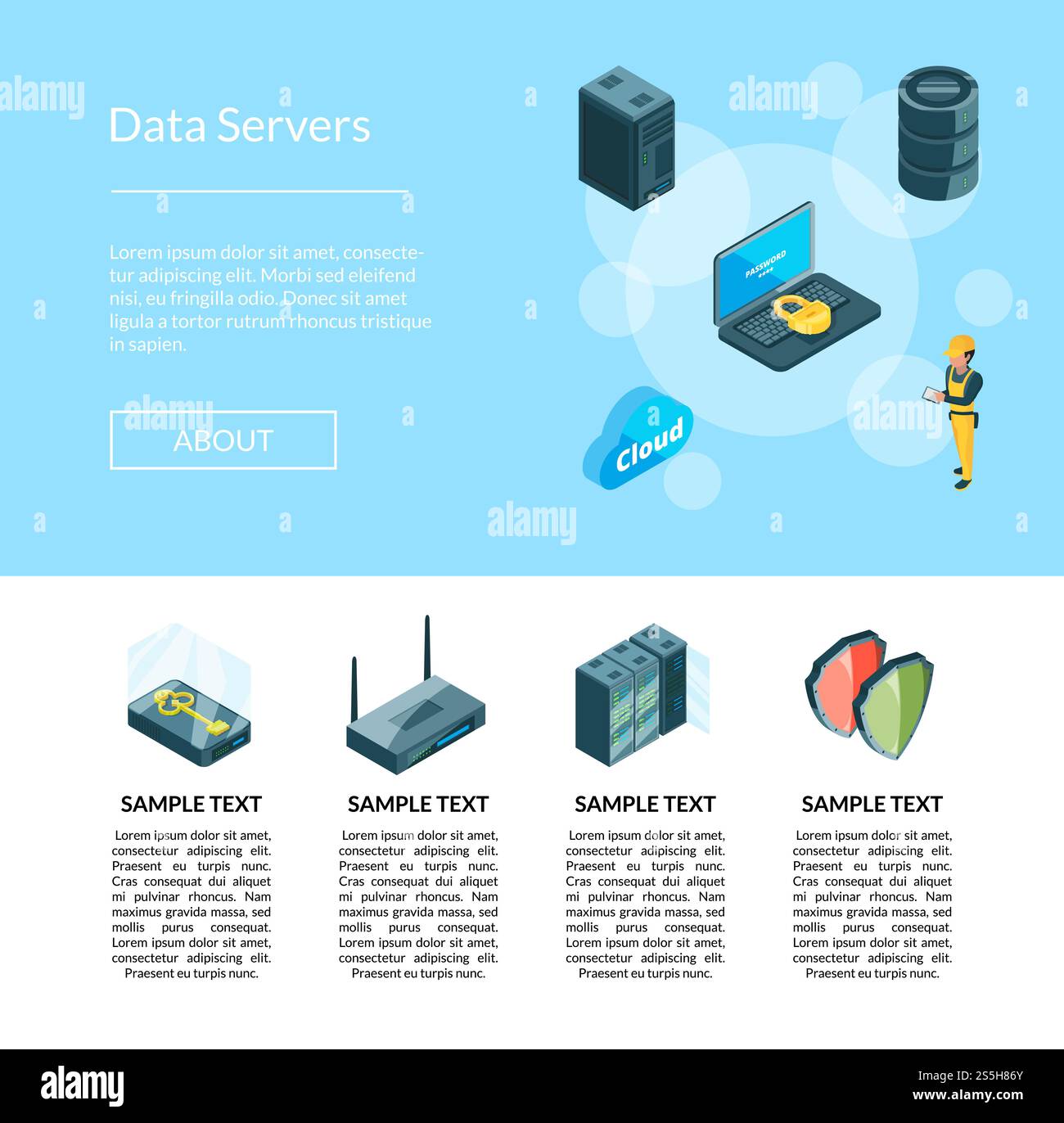 Vektorelektronisches System von Symbolen im Rechenzentrum Illustration einer Landing-Page-Vorlage. Anschluss Computer-Speicher. Abbildung der Seite Vektorelektronik des Datenzentrums mit Symbolen Stock Vektor