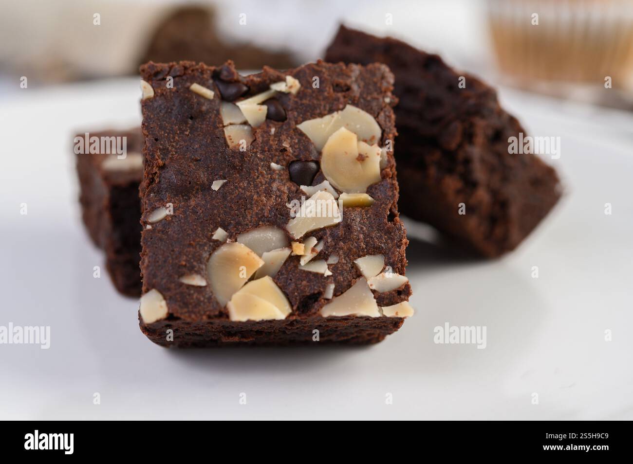 Schokoladen-Brownies auf einem weißen Teller. Selektiver Fokus. Stockfoto