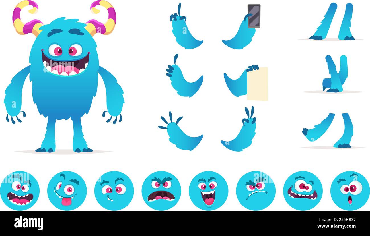 Monster-Konstrukteur. Augen Mund Emotionen Teile von niedlichen lustigen Kreaturen für Spiele Vektor Design Kreation Kit für Kinder Heilige Party. Illustration eines Monster halloween Körper, lustige Kreativfigur. Monster-Konstrukteur. Augen Mund Emotionen Teile von niedlichen lustigen Kreaturen für Spiele Vektor Design Kreation Kit für Kinder Heilige Party Stock Vektor