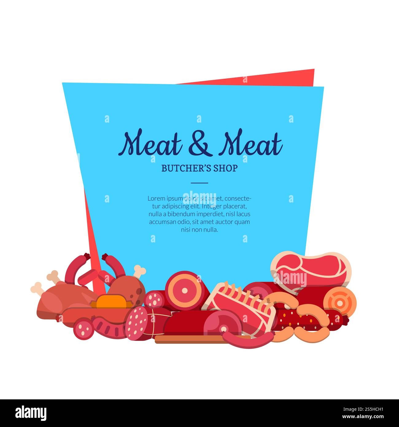 Vektor flache Fleisch- und Würstchen-Symbole unter Rahmen mit Platz für Textabbildung. Vektor Flachfleisch und Würstchen Ikonen isoliert Stock Vektor