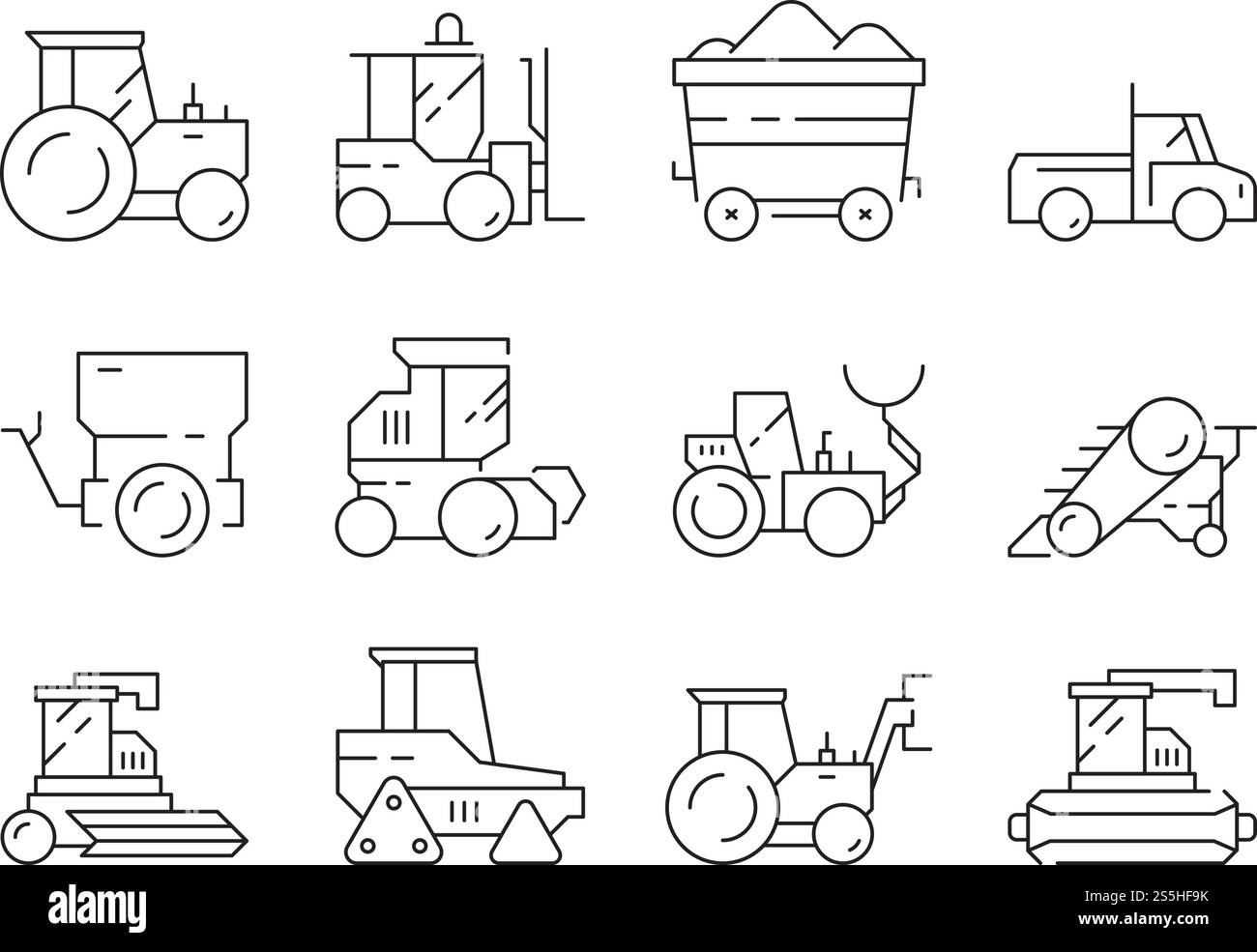 Transport auf dem Bauernhof. Landwirtschaftliche schwere Maschinen Planierraupe Traktor Vektor lineare Symbole isoliert. Planierraupe für den Landwirtschaftsbetrieb, Traktor für den Transport der Maschine zur Abbildung der Montage. Transport auf dem Bauernhof. Landwirtschaftliche schwere Maschinen Planierraupe Traktor Vektor lineare Symbole isoliert Stock Vektor