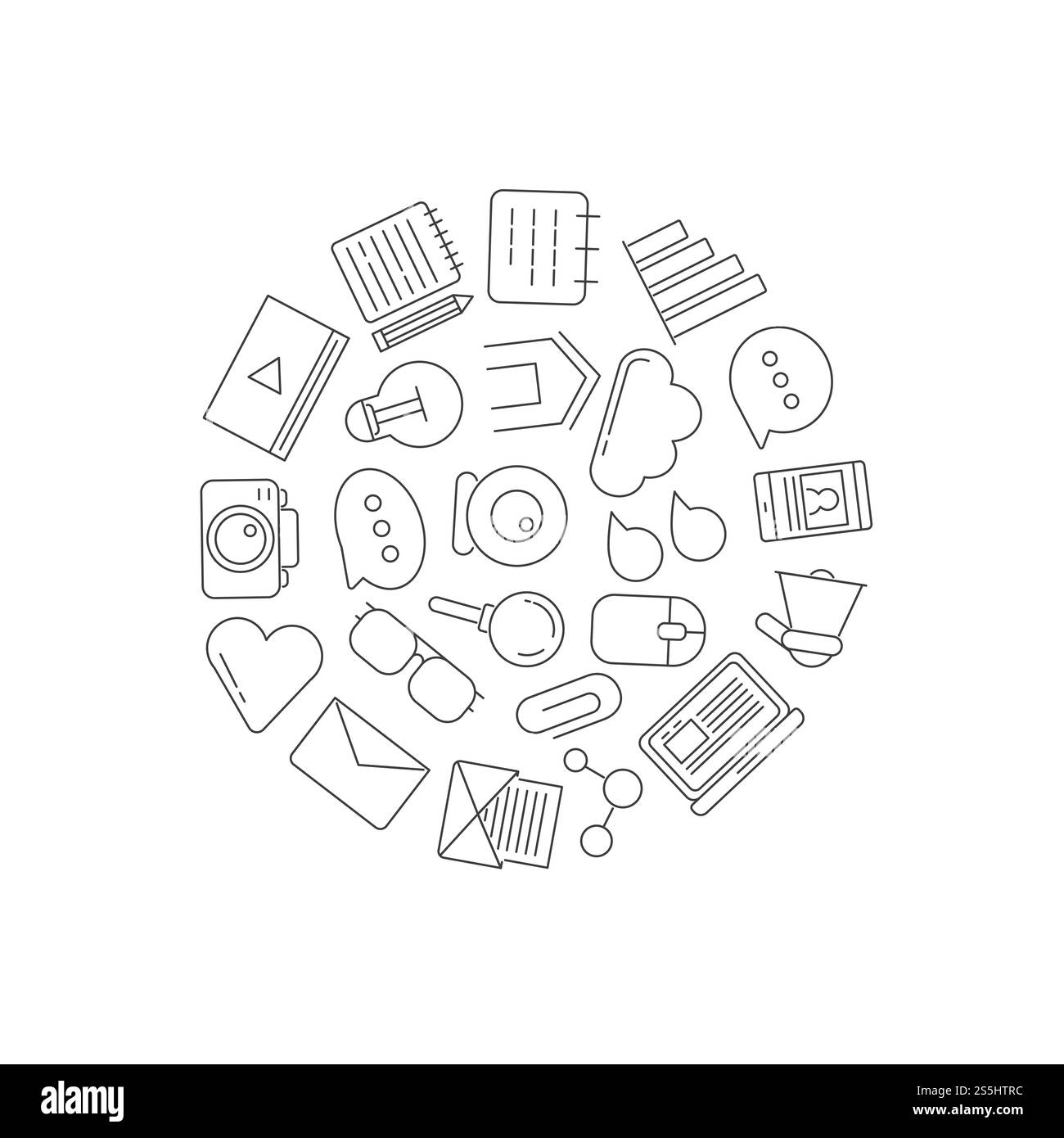 Blogsymbole der Vektorlinie in kreisförmiger Illustration isoliert auf weiß. Blogsymbole für Vektorlinien in kreisförmiger Illustration Stock Vektor