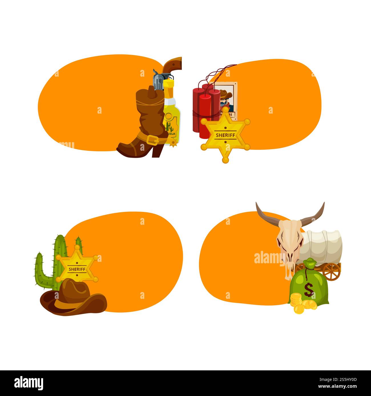 Vektor-Cartoon wilde Westen Elemente Aufkleber mit Platz für Text Set Illustration isoliert auf weißem Hintergrund. Vektor-Zeichentrickfilm Wild West Elements Aufkleber isoliert Stock Vektor
